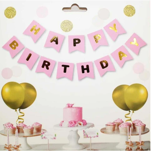 Banner Happy Birthday Pembe Gold